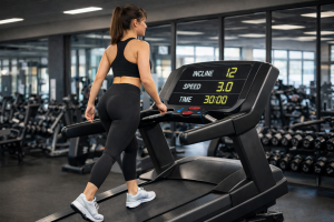Person walking on a treadmill set to a steep incline during a 12-3-30 workout