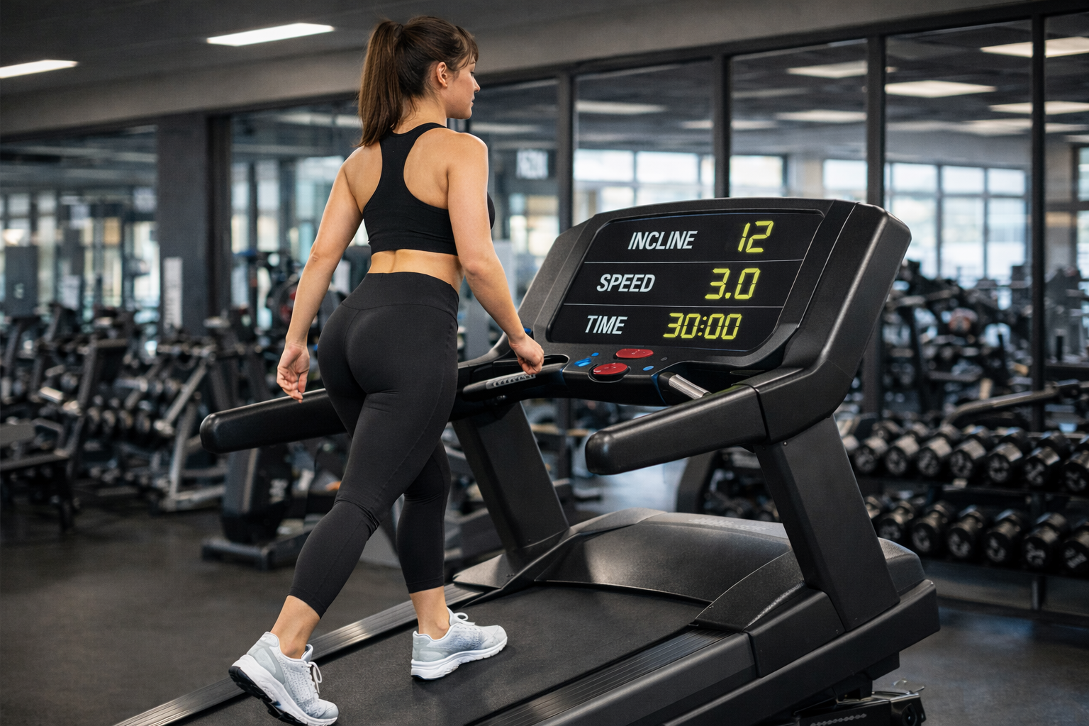 Person walking on a treadmill set to a steep incline during a 12-3-30 workout