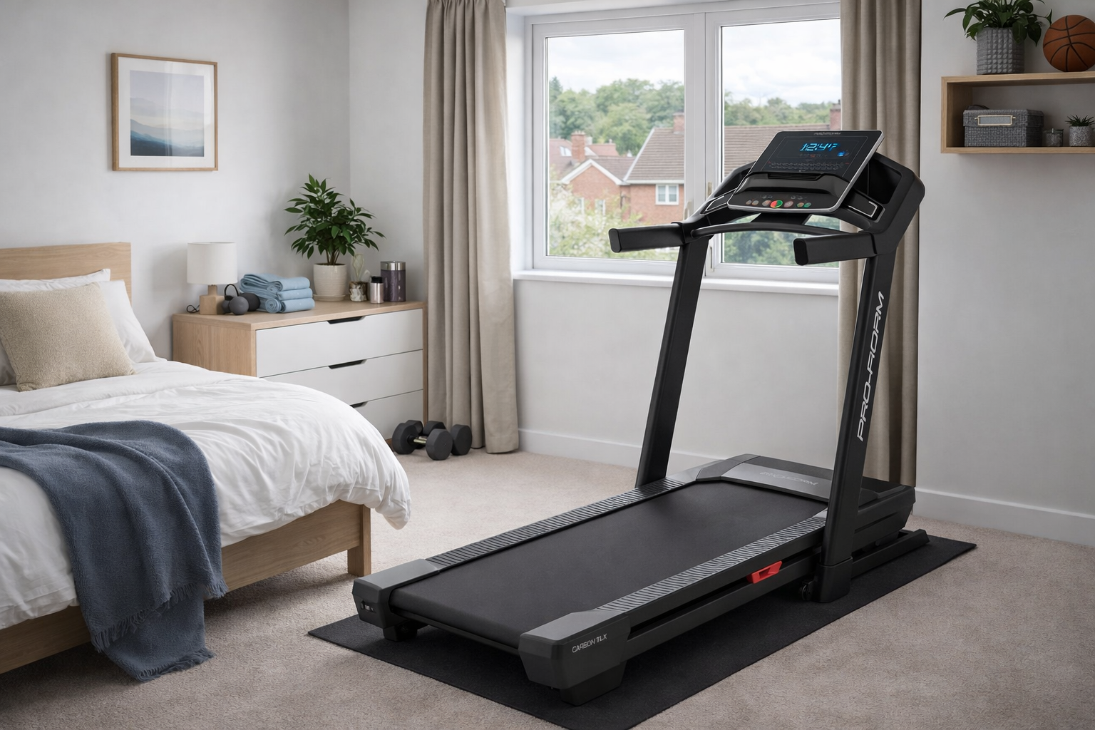 ProForm Carbon TLX folding treadmill in a UK spare bedroom gym setup
