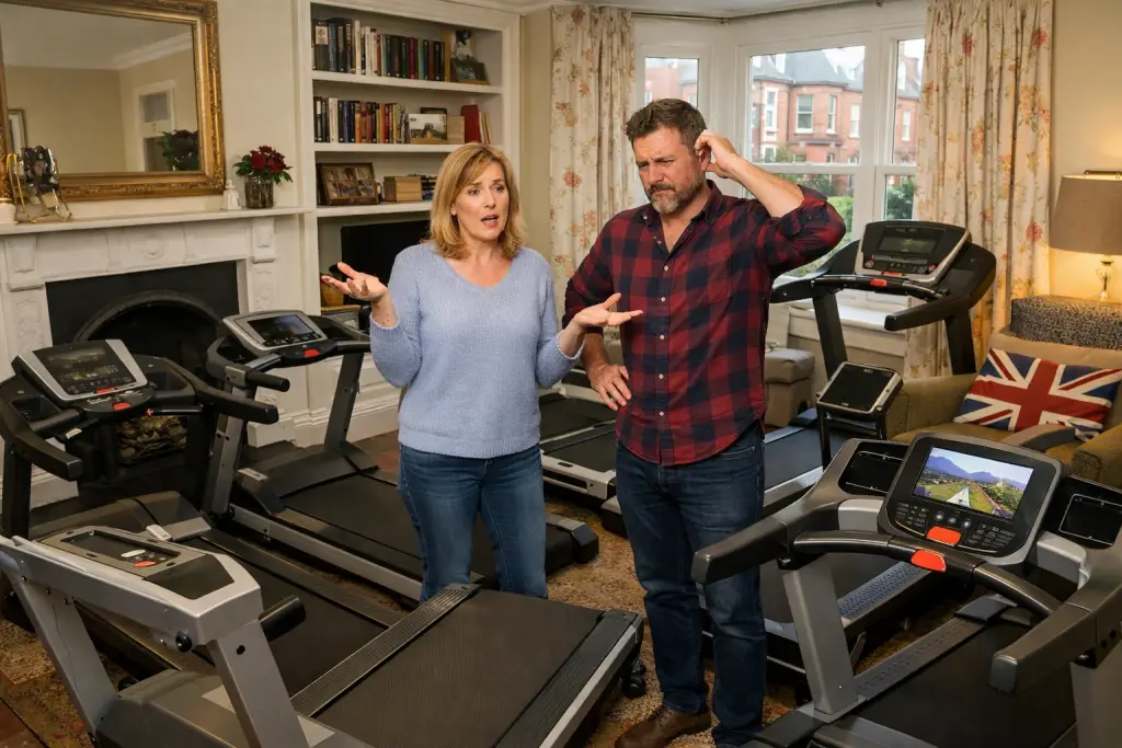 Couple standing in a room full of treadmills trying to choose the best home treadmill