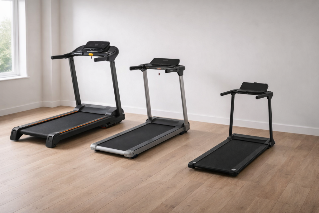 Best treadmills under £500 UK lined up side by side showing NordicTrack, Reebok and Domyos models