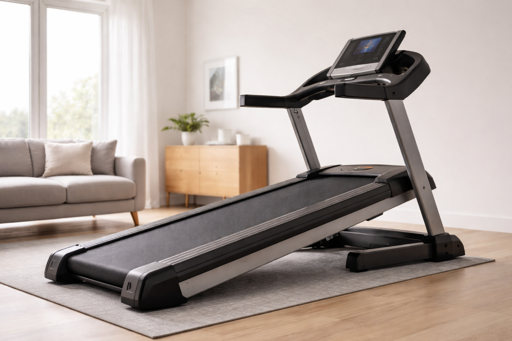 Home treadmill set to a steep incline during an incline walking workout