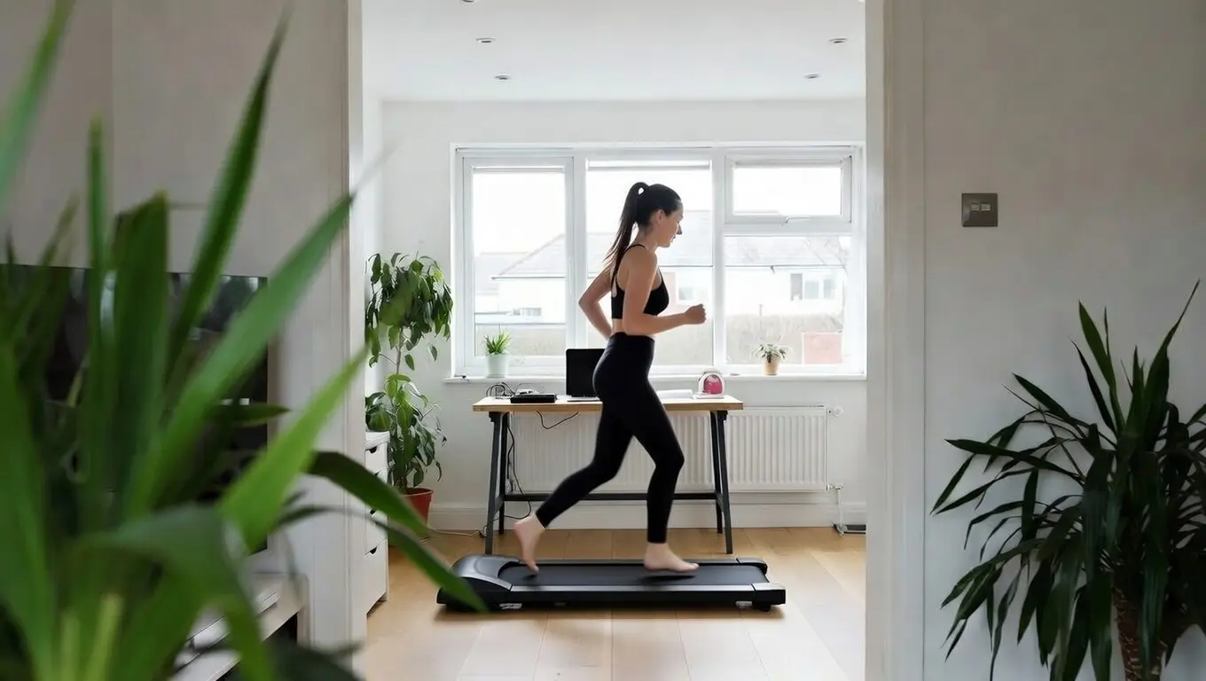 Woman in a home office surrounded by plants loses her balance while attempting to run on a compact walking pad without handrails