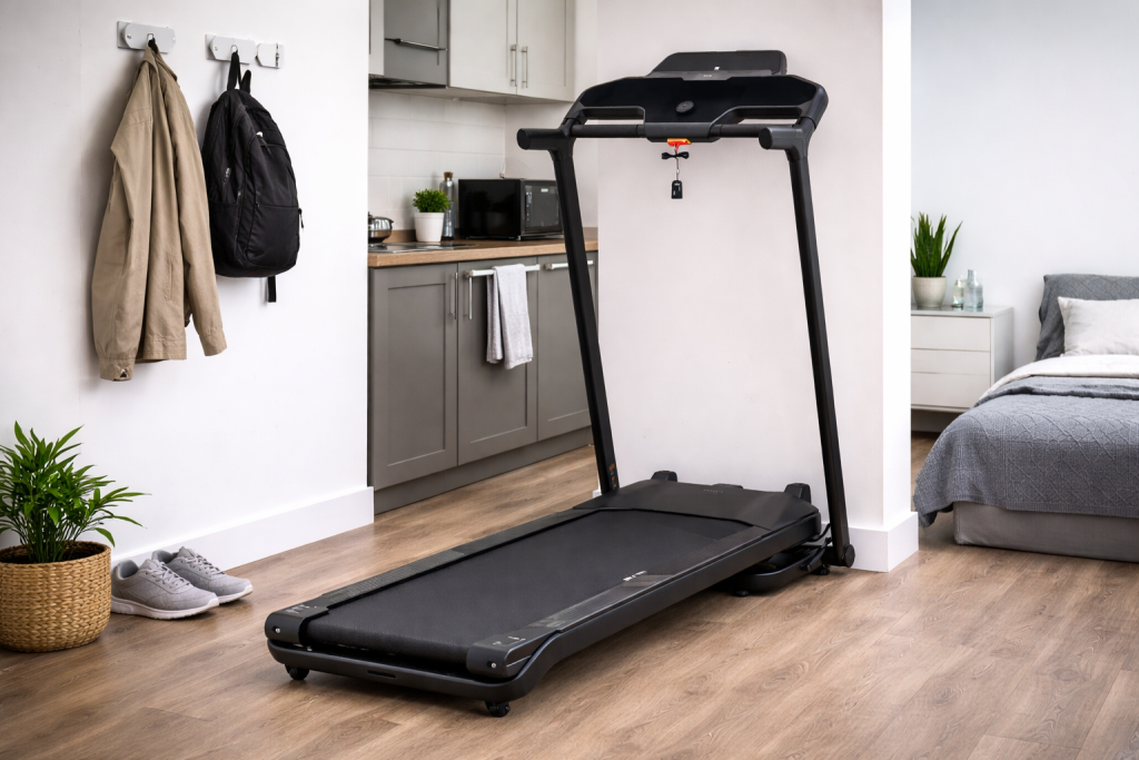 Domyos Run 500 folding treadmill in a compact UK studio flat with laminate flooring