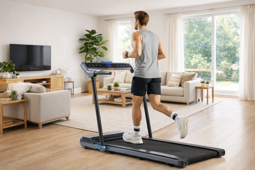 JLL Pegasus Connected Folding Treadmill with 51 cm wide running belt and 3-level manual incline