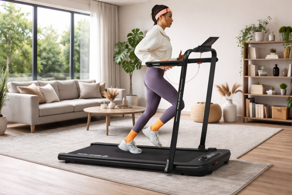Mobvoi Home Treadmill SE with foldable handrails in walking pad and running modes