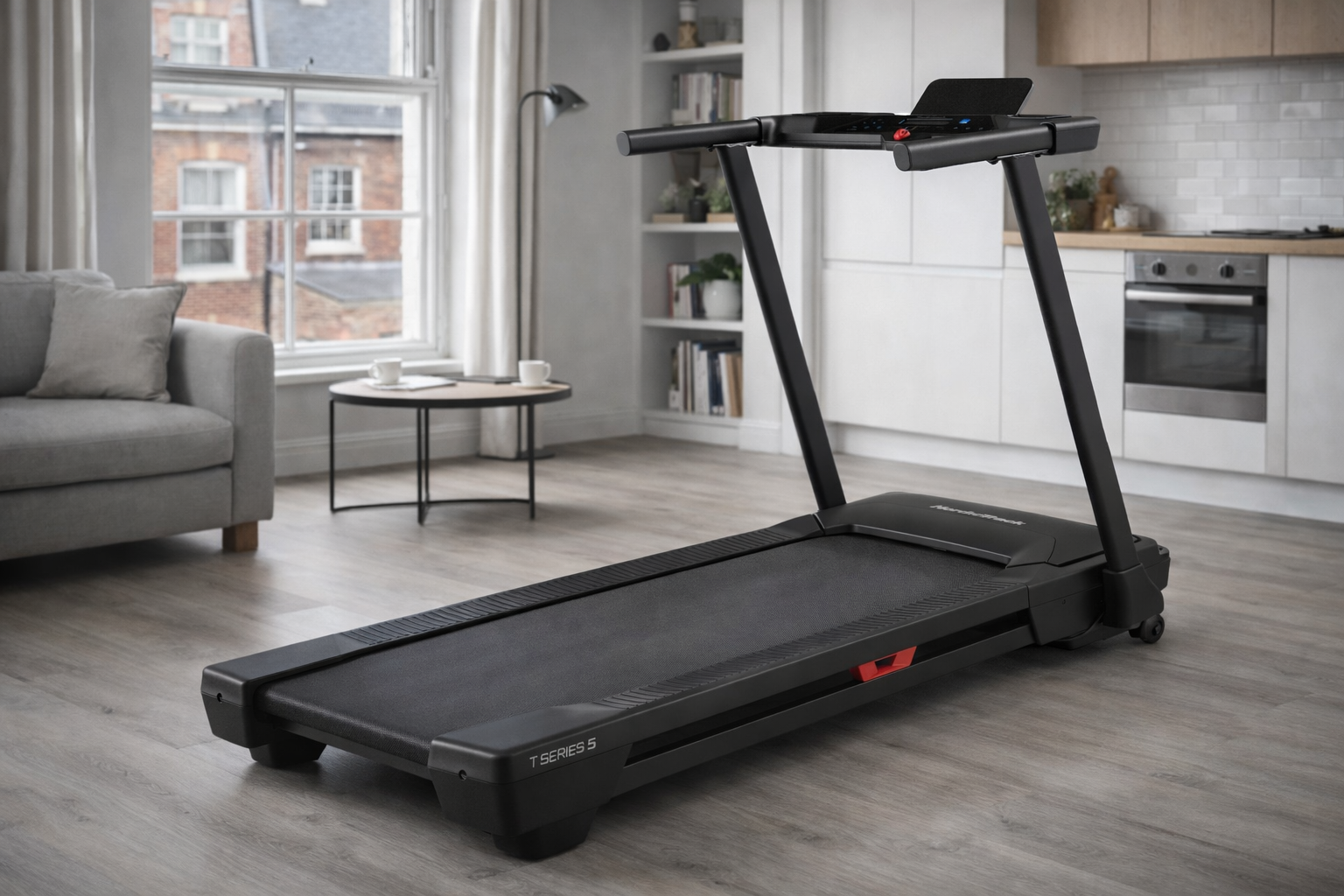 NordicTrack T Series 5 folding treadmill with touchscreen console and SpaceSaver design