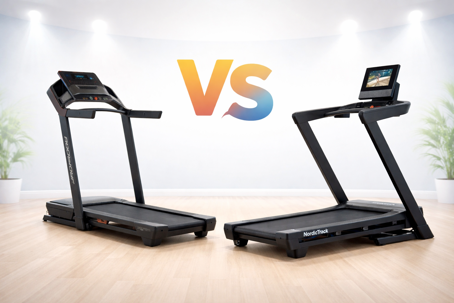 NordicTrack and ProForm treadmills side by side in a UK home gym Title: NordicTrack vs ProForm Treadmills