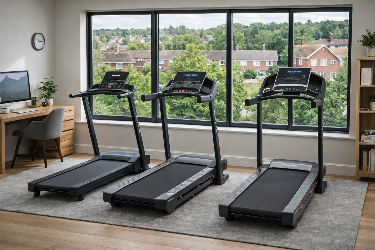 Three ProForm treadmills side by side in an open plan UK home gym