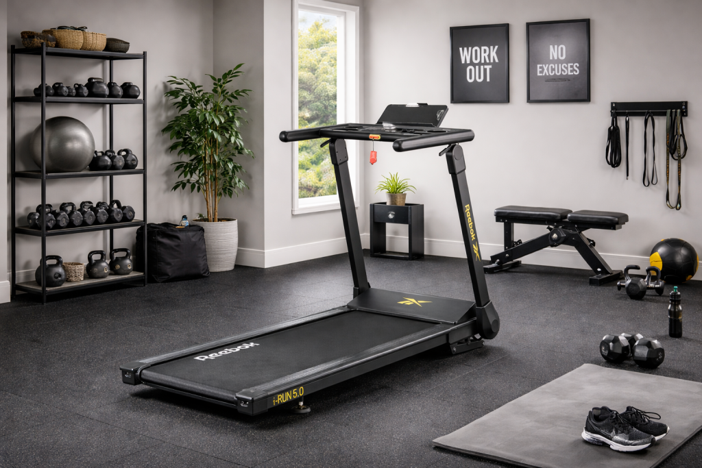 Reebok i-Run 5.0 folding treadmill with 12-level powered incline and Bluetooth connectivity