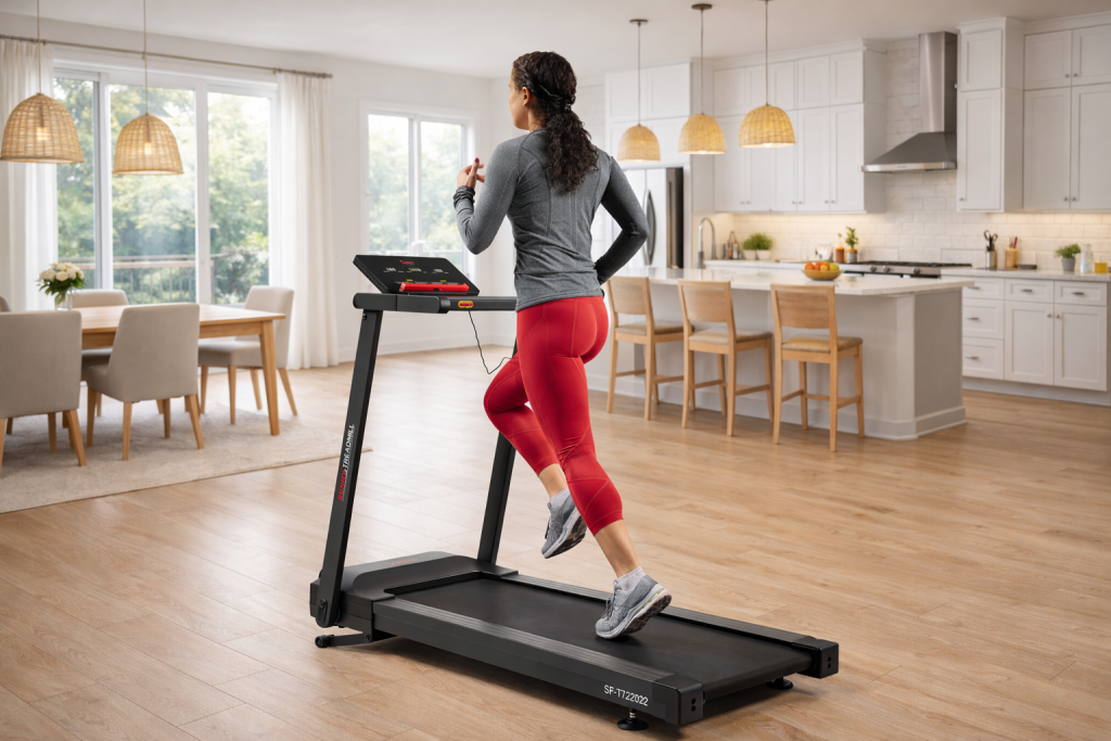 Sunny Health and Fitness Slim Interactive Auto Incline Smart Foldable Treadmill with 12-level powered incline