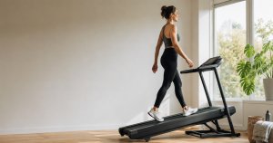 Person walking on a treadmill set to a steep incline during a 12-3-30 workout