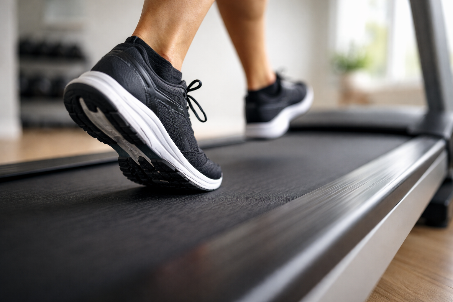 Runner's feet mid-stride on a treadmill belt during a decline workout