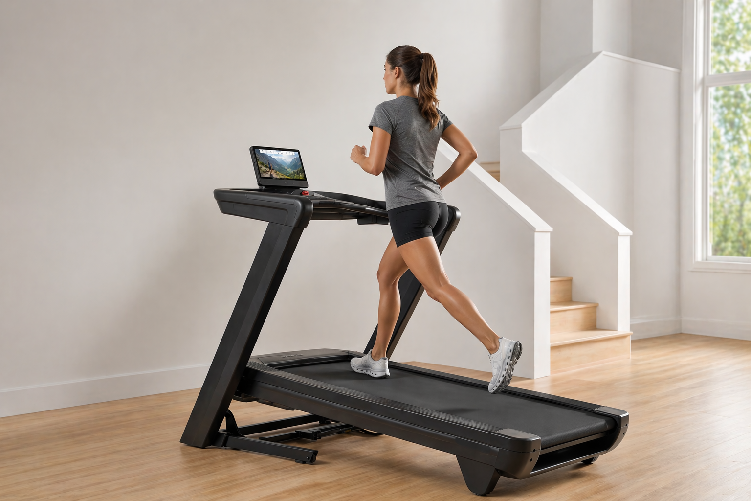 NordicTrack Commercial 1750 treadmill in a home setting with 16-inch touchscreen displaying an iFIT workout