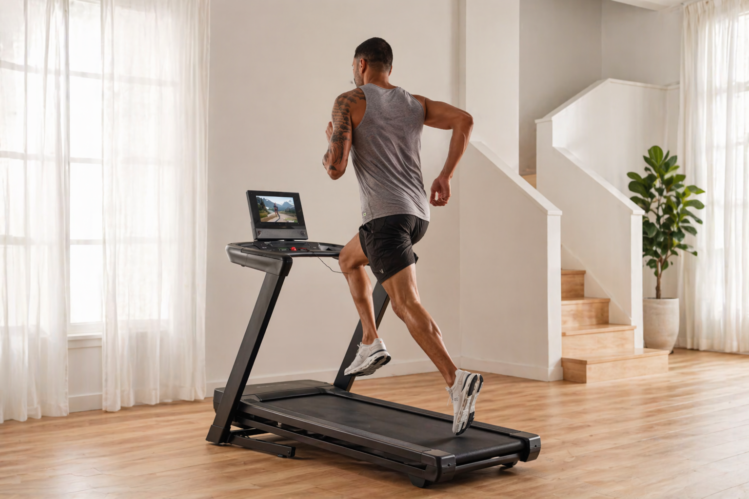 NordicTrack T Series 10 treadmill with 10-inch tilting touchscreen displaying iFIT workout