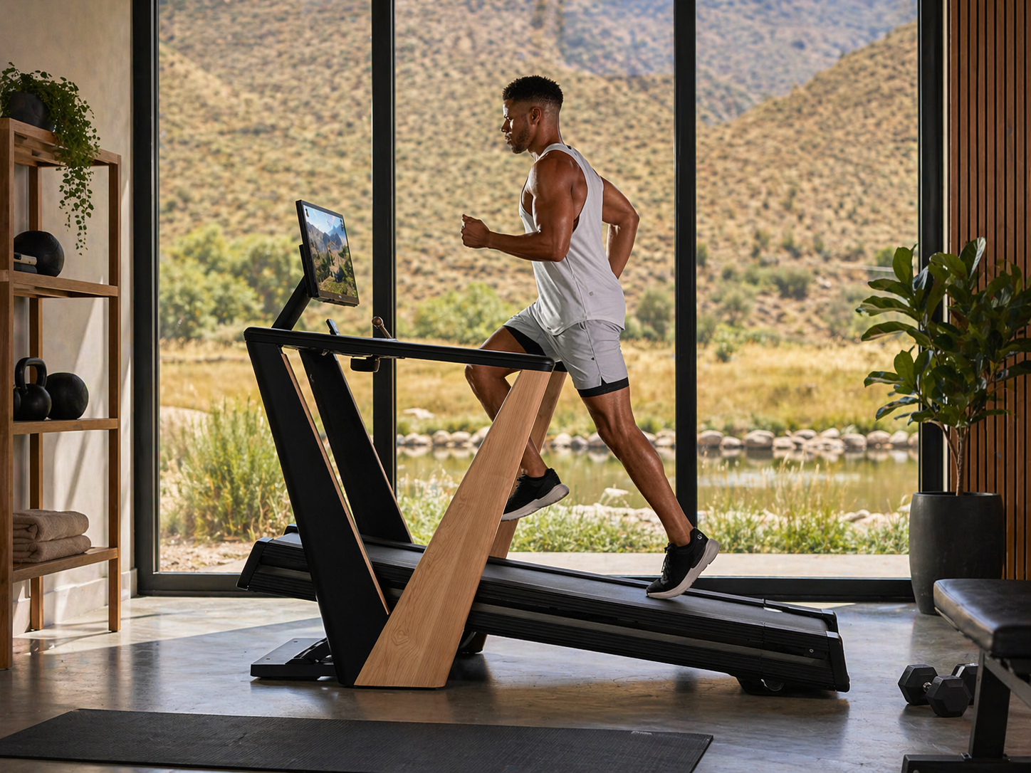 NordicTrack Ultra 1 flagship treadmill with 32-inch 4K touchscreen in a luxury home gym