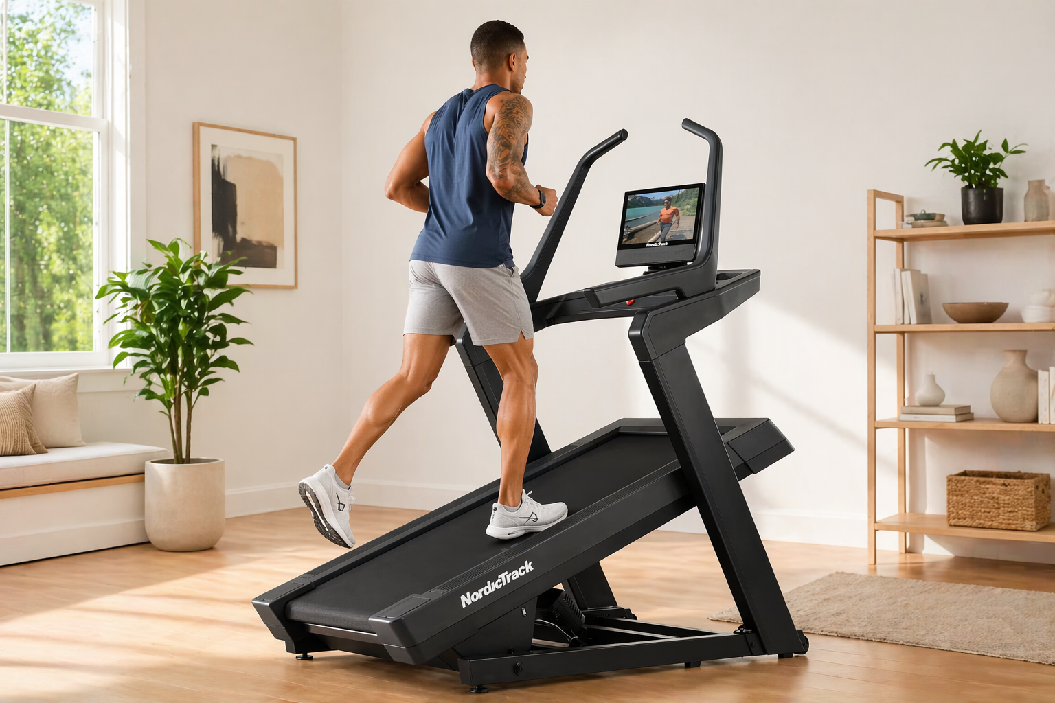 NordicTrack X16 incline trainer at steep incline with 16-inch touchscreen