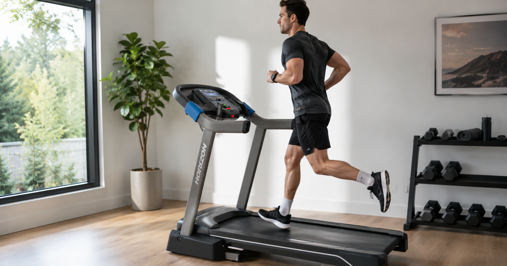 Horizon 7.4 AT treadmill with 22-inch deck and Sprint 8 HIIT programme