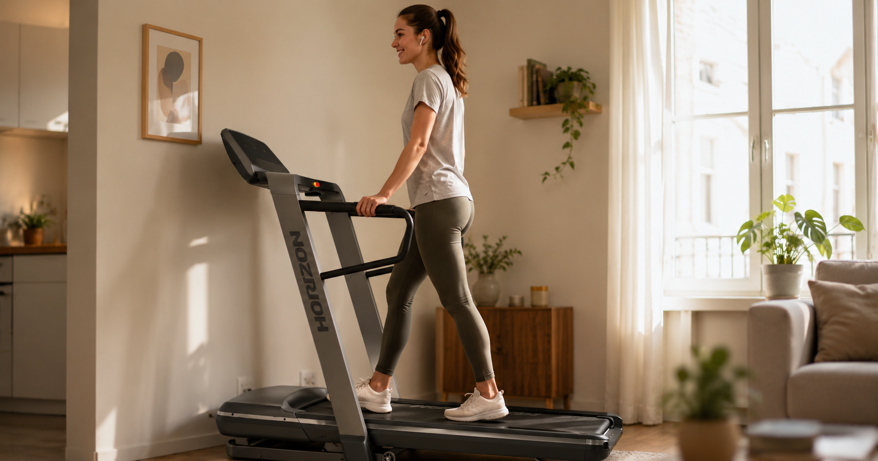 Horizon Omega Z folding treadmill with open frame and Pulse Train coaching