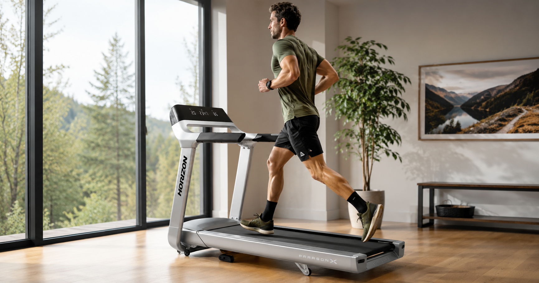 Horizon Paragon X treadmill with AirTrain trail-terrain simulation