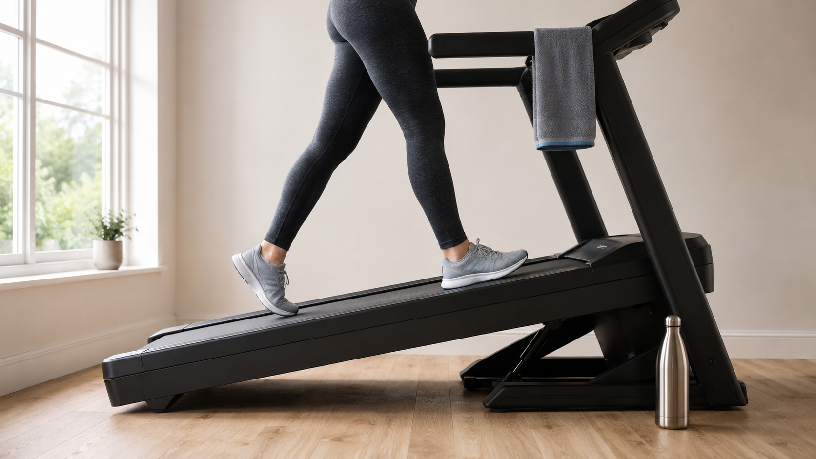 Person walking on a home treadmill set to a steep incline — incline workouts for fat loss and HIIT