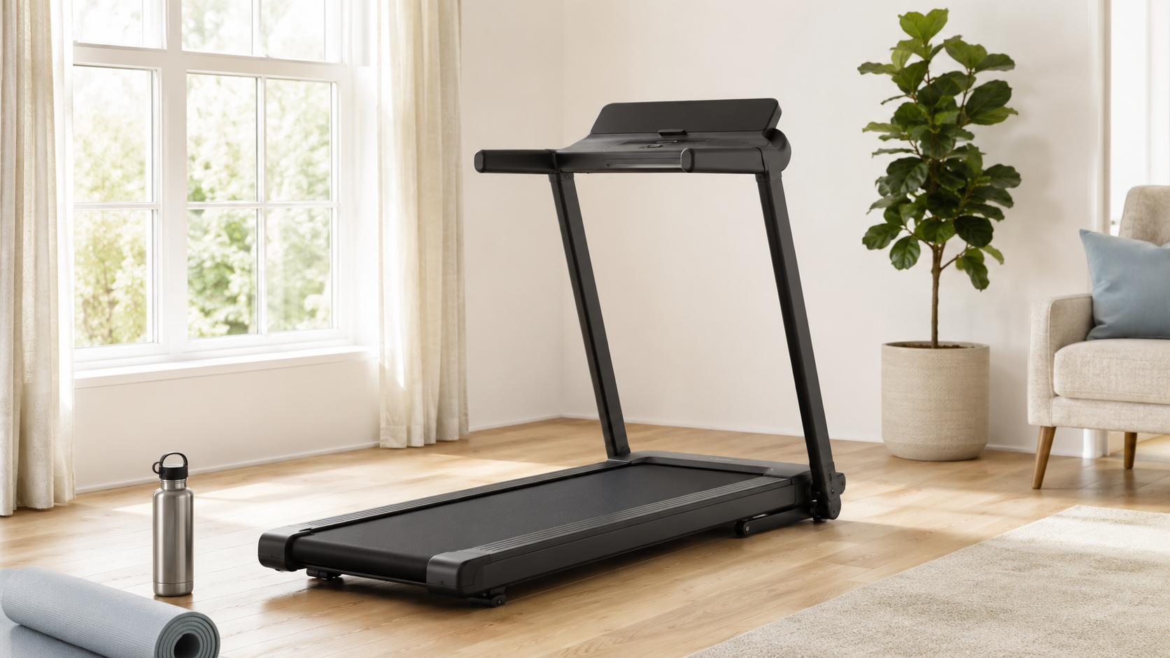 Modern UK home treadmill in a bright living room — buying on finance with Klarna, PayPal Pay in 3 and 0% APR options