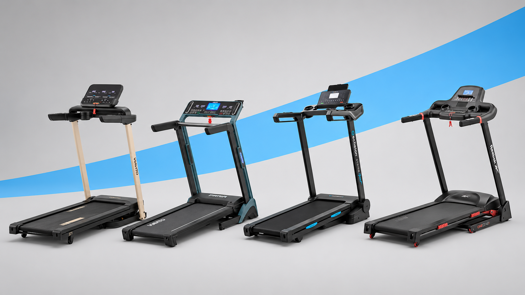 Four small, compact folding treadmills compared side by side on a grey studio background, UK 2026
