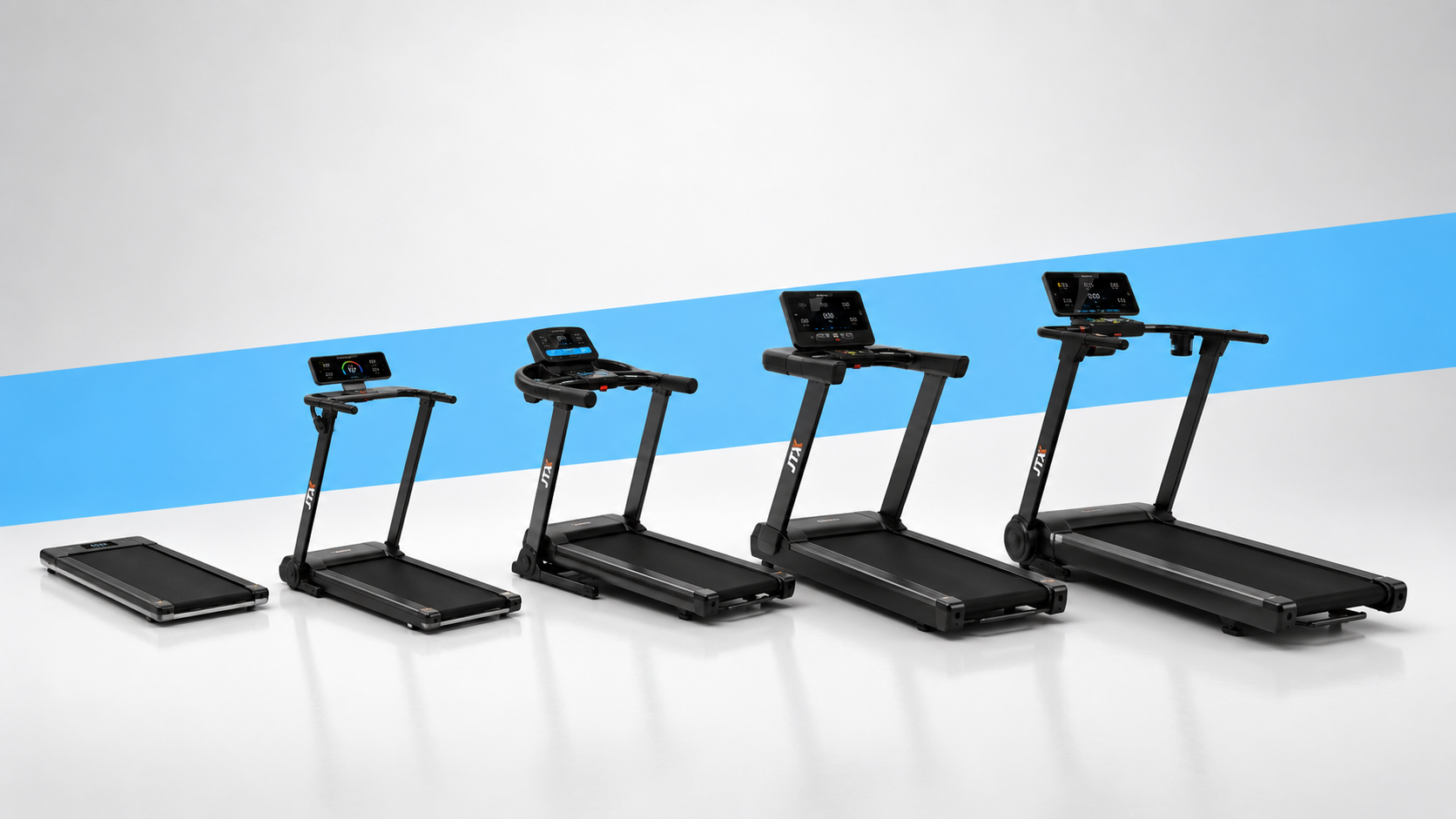 The full JTX treadmill range lined up by size, from the MoveLight walking pad to the Club Pro, against a blue ribbon backdrop