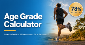Age grade calculator from HomeTreadmill.co.uk, showing a runner and a sample age-graded score of 78%