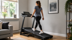 Person walking on an inclined treadmill at home for fat loss
