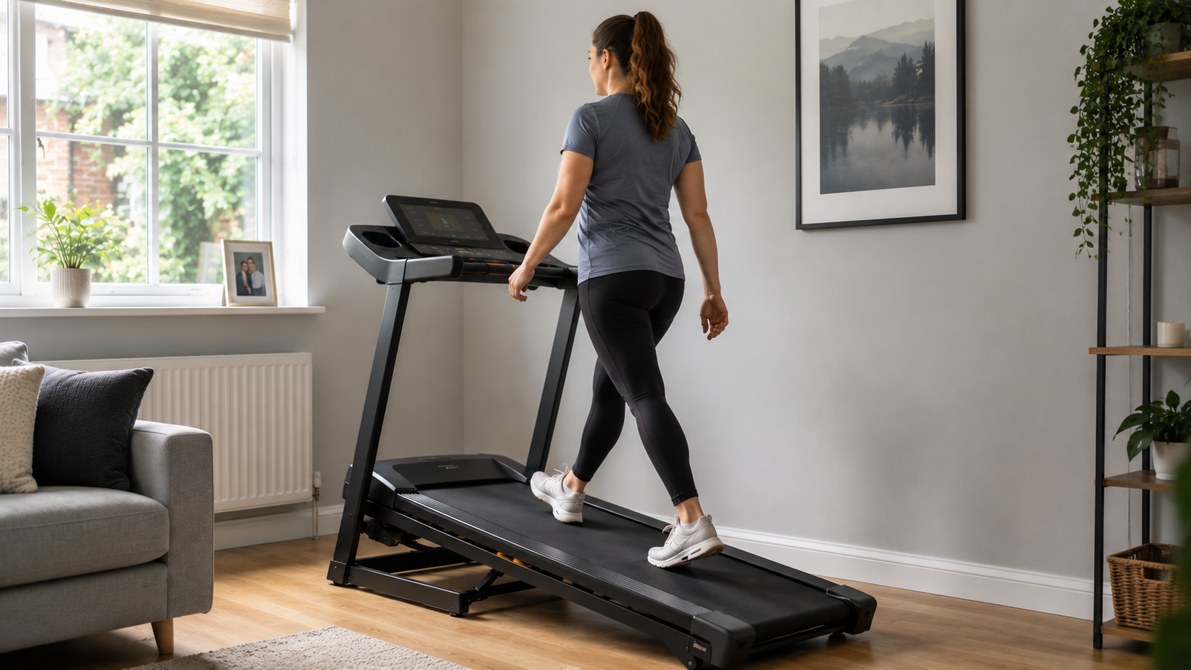 Person walking on an inclined treadmill at home for fat loss