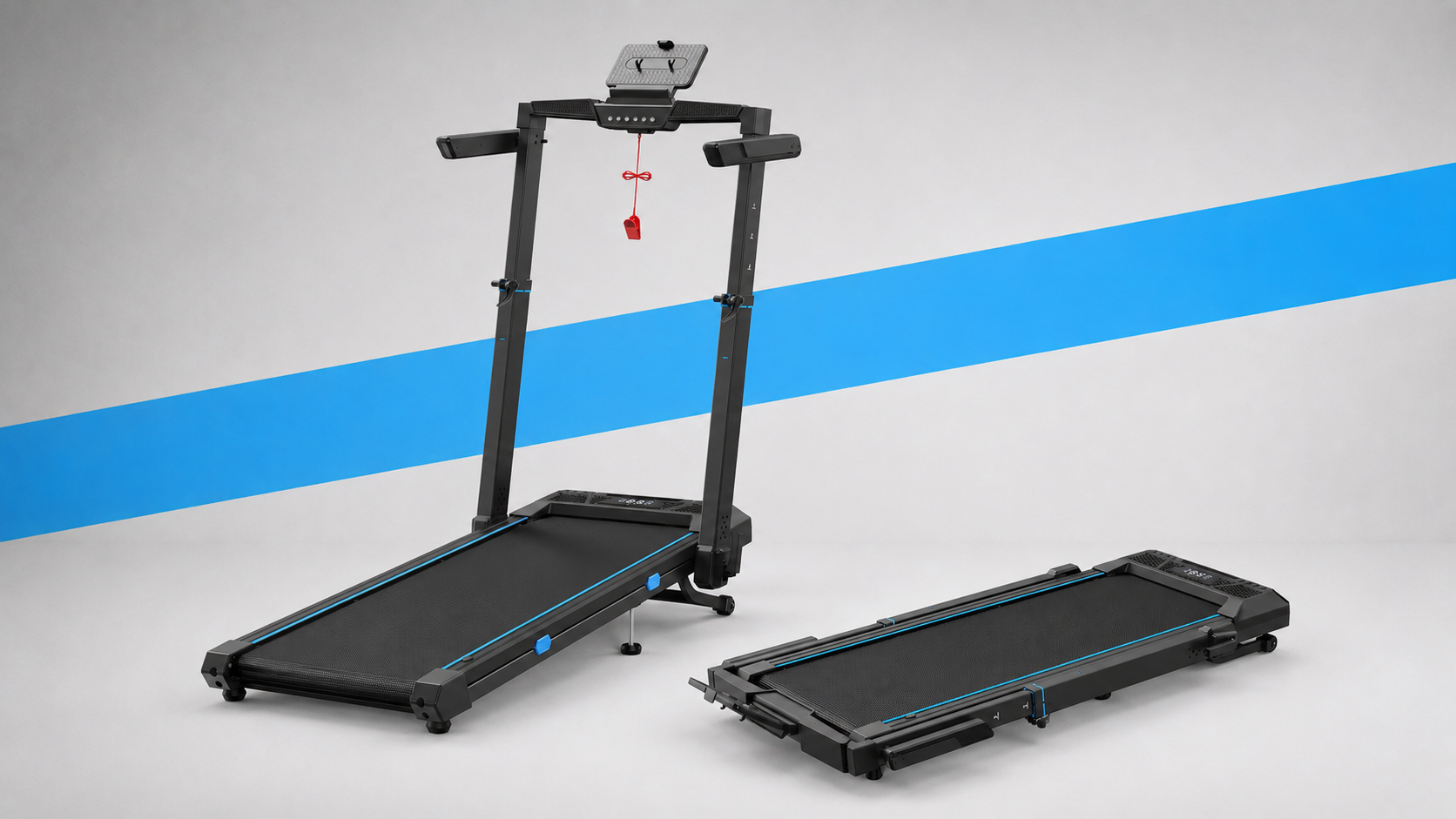 Best walking treadmills UK 2026: a slim under-desk walking pad beside two compact folding treadmills with handrails on a grey studio background