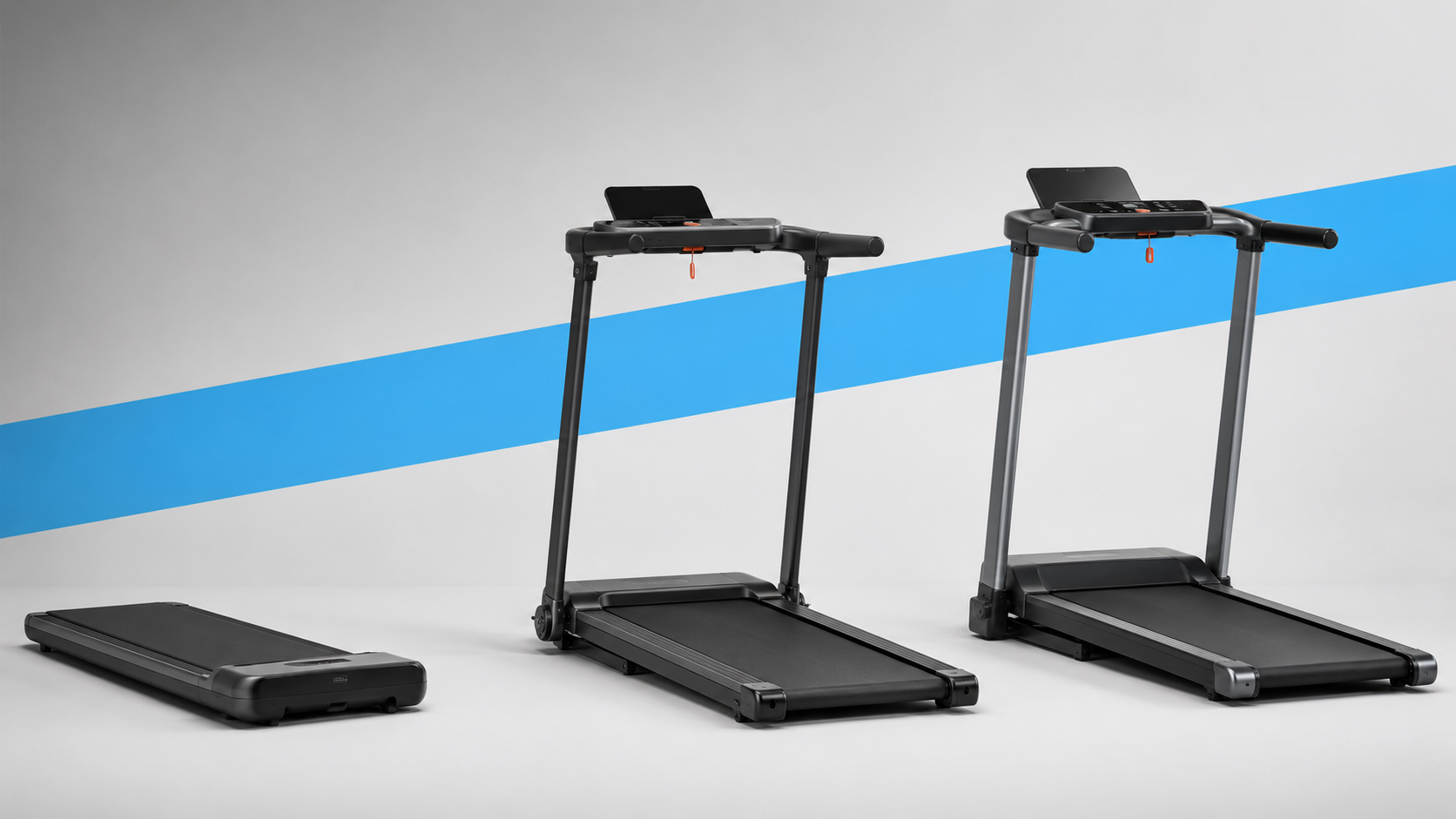 Best walking treadmills UK 2026: a slim under-desk walking pad beside two compact folding treadmills with handrails on a grey studio background