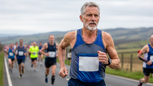 Masters runner racing on an open road