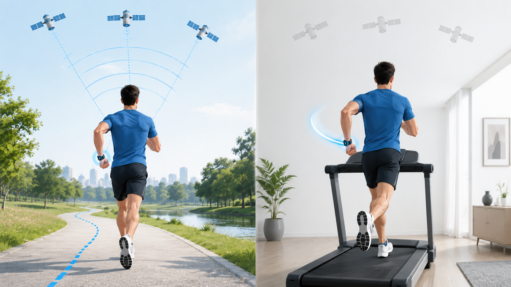 Illustration showing a watch tracking distance by GPS outdoors and by arm swing on a treadmill