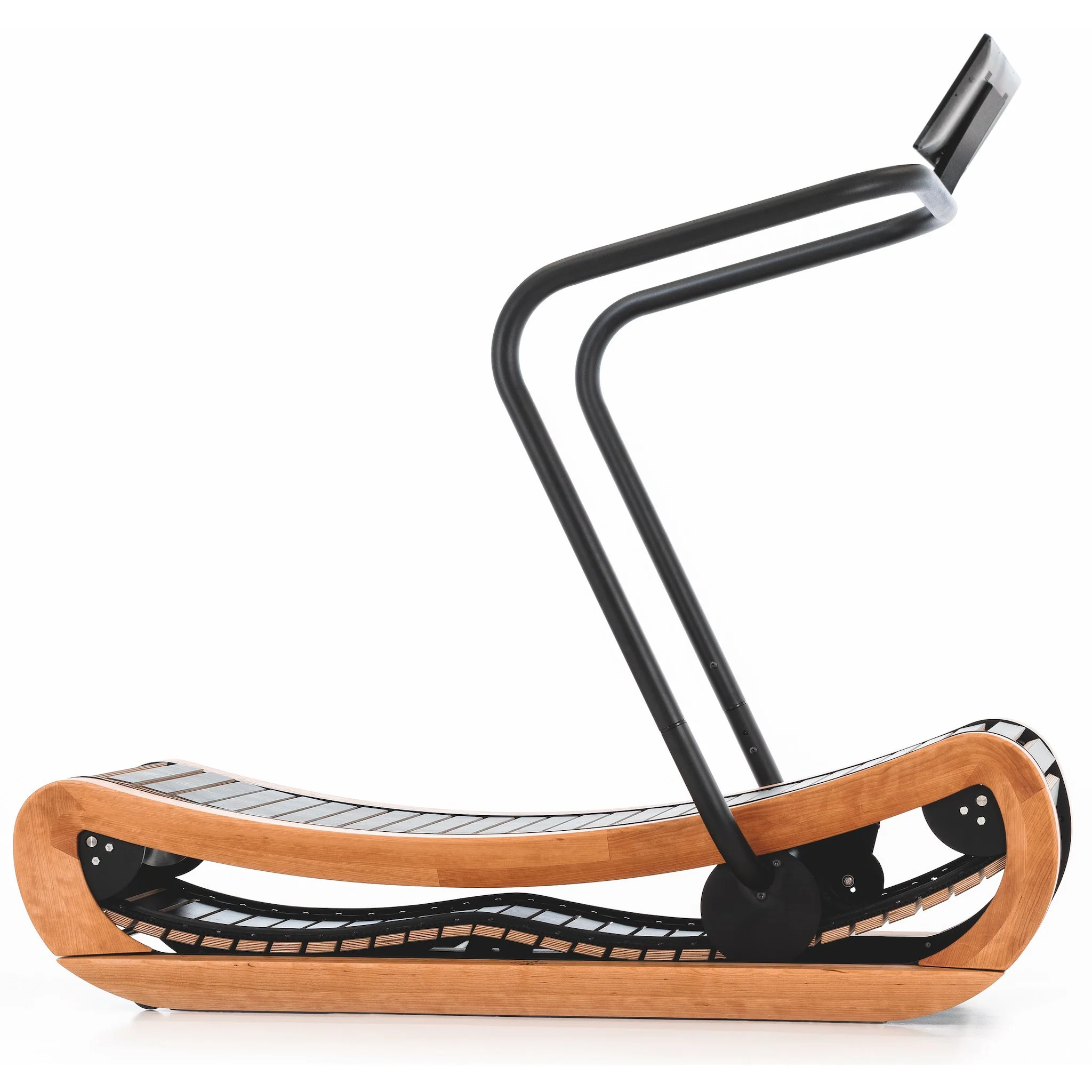 NOHrD Sprintbok curved manual treadmill in cherry wood, side view