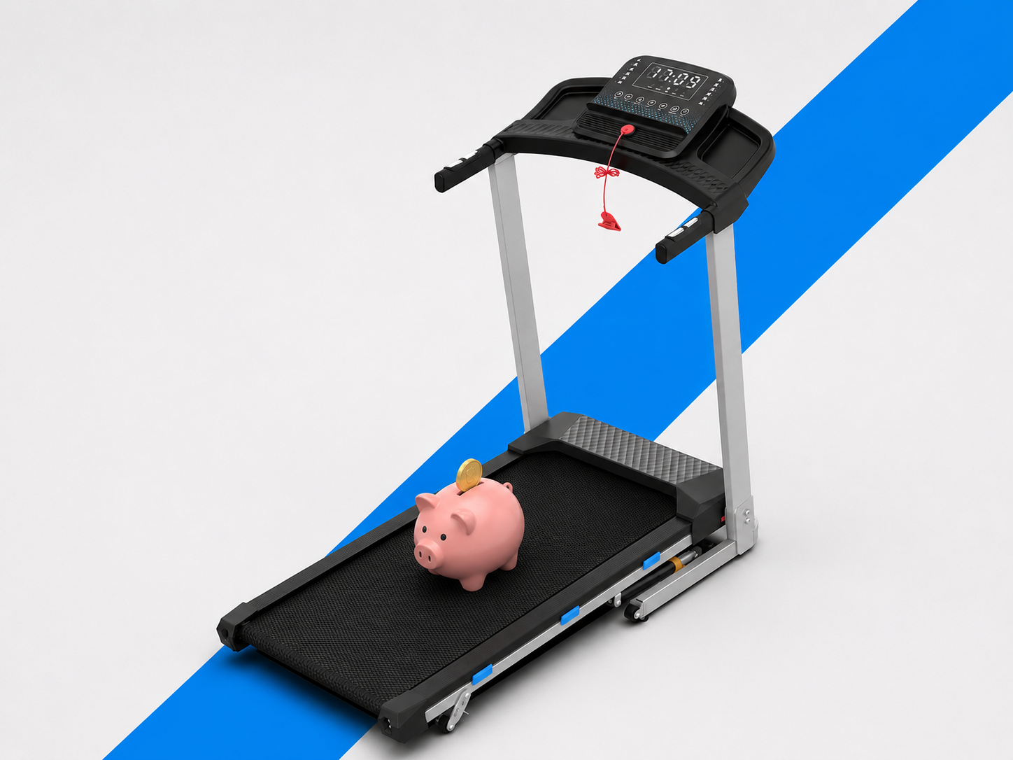 Piggy bank on the deck of a folding treadmill, representing cheap treadmills under £300