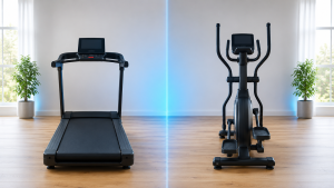 Home treadmill and cross trainer side by side in a bright room