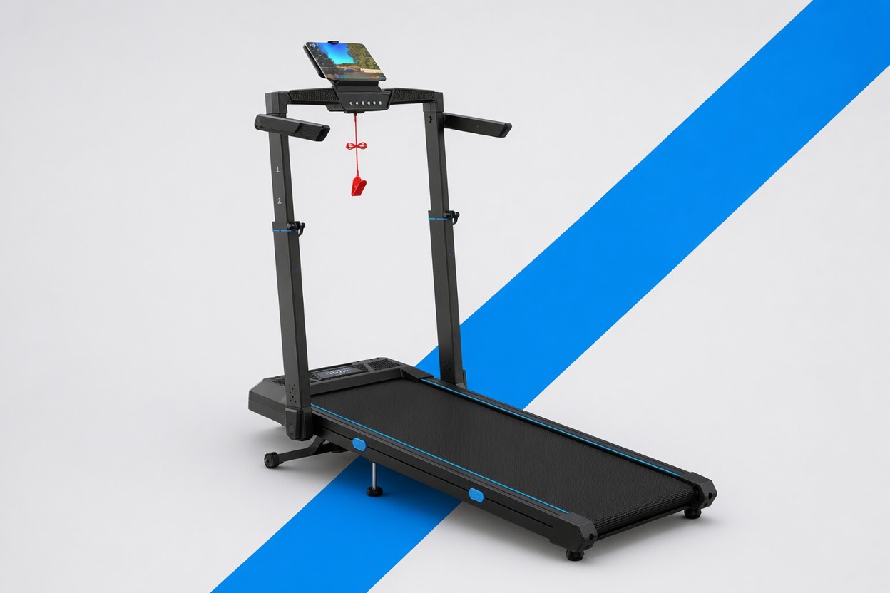 Wellfit TM032 auto-incline folding treadmill set up in a home