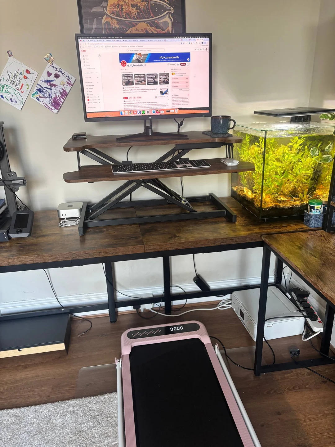 VonHaus standing desk converter set up in a real home office over a walking pad