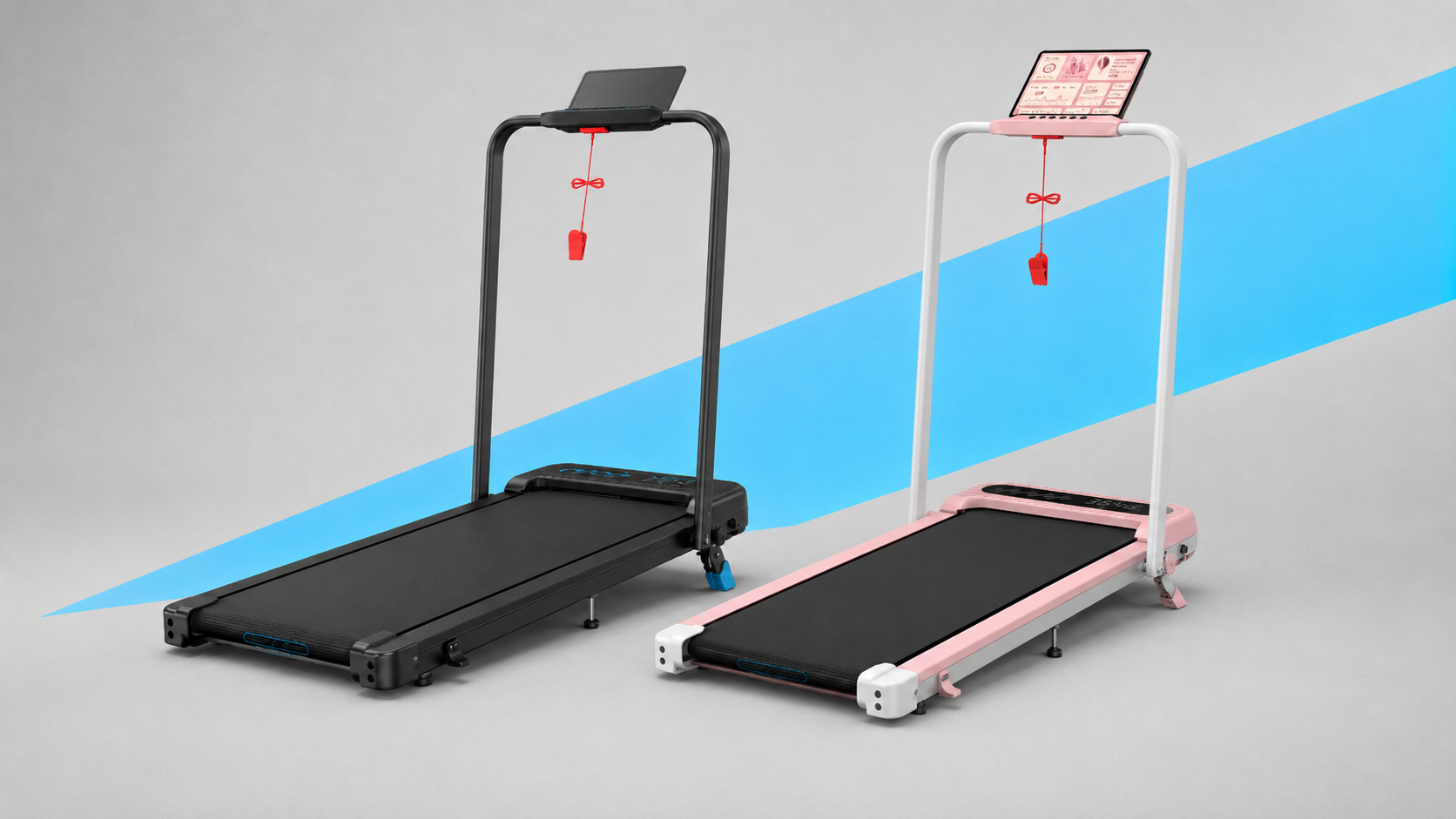 Wellfit TM037 walking pad in black and pink, shown side by side