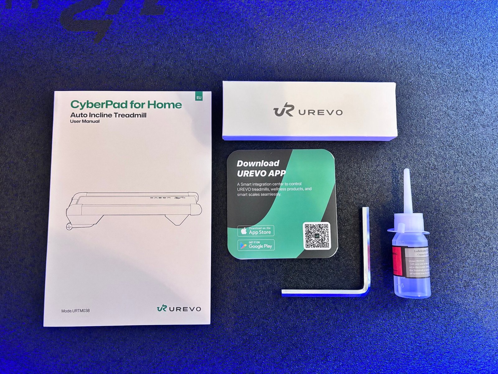 UREVO CyberPad manual, app download card, hex tool and lubricating oil