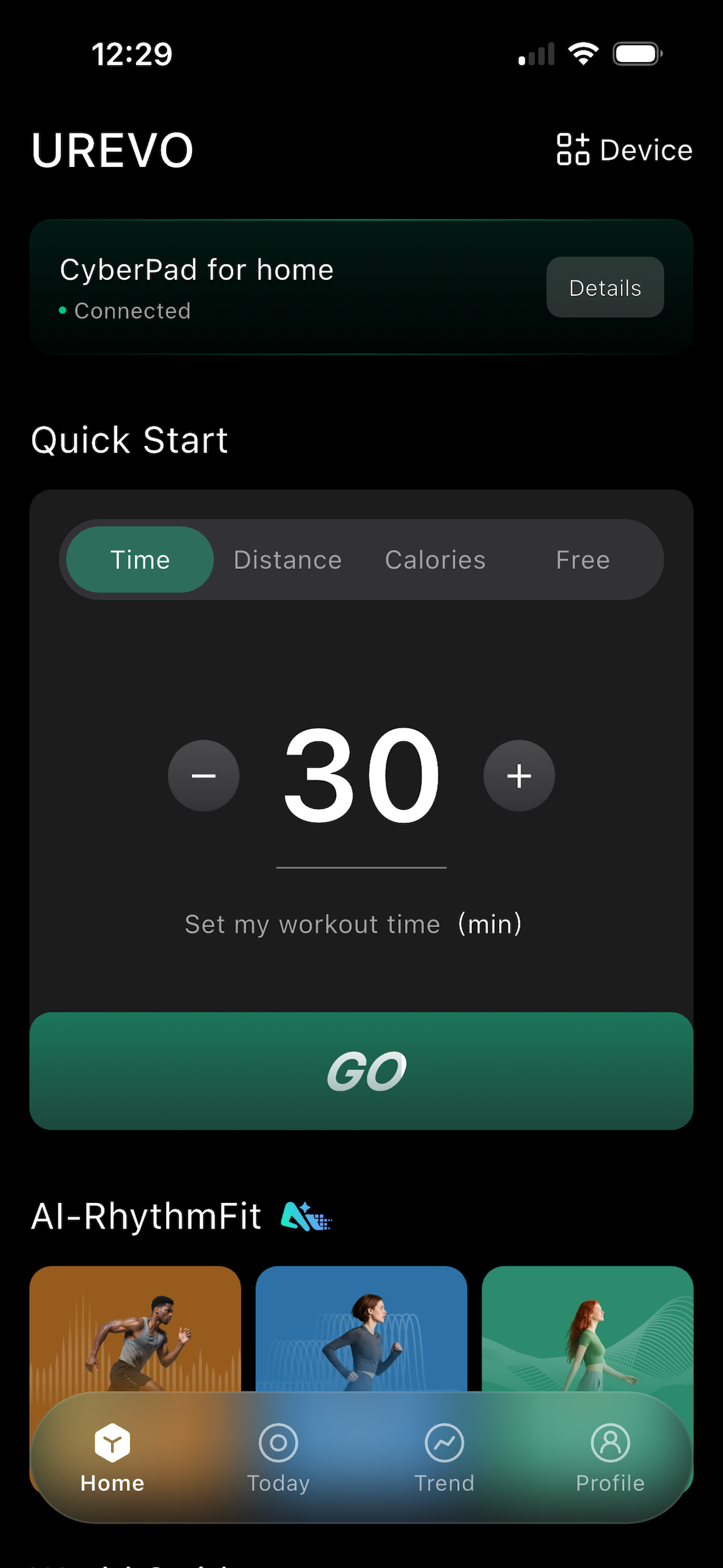 UREVO app connected to CyberPad for Home with a 30-minute Quick Start workout