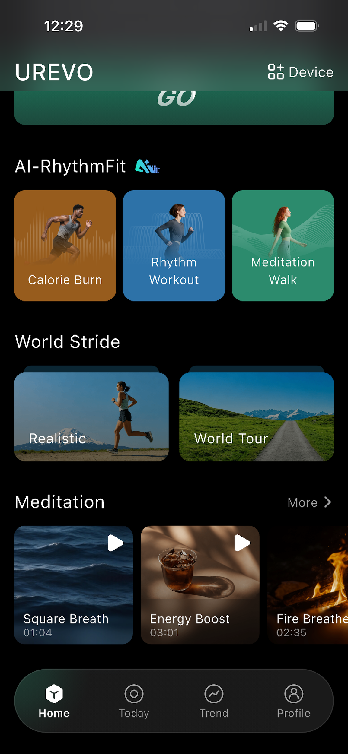 UREVO app showing workout choices, World Stride routes and meditation sessions